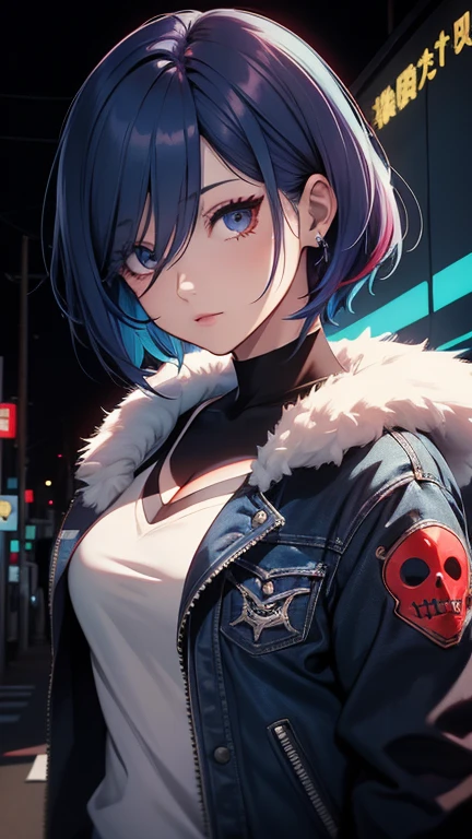 Obra-prima,Detalhado,High resolutions:1.4) , Foto del modelo, fechar, Rosto detalhado, Olhos finos e detalhados,, (Kirishima Touka),medium blue hair,ojo ghoul,retro jacket,Tokyo Ghoul,Fundo retrofuturista, cores vibrantes, hdr,, ,