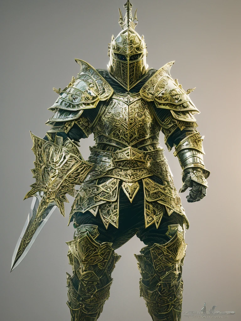 Fantasy Warrior, ASCII Art Design Armor, Intricate Design, Realistic, 8K Ultra Graphics、Final Fantasy Style、knight、cool、battlefield、Background Graphicetal Armor、shield、gold、sword