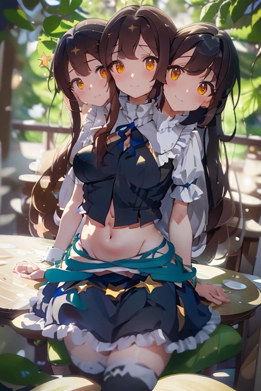 (masterpiece, best quality), best quality, (ultra-detailed), (3heads:1.5), 1girl, (star sapphire:1.3), masterpiece, best quality, ultra quality, ultra resolution, ultra detail, white top, crop top, ((stomach)), midriff, ((groin)), open midriff, white and blue skirt, miniskirt, normal ears, shackles, dark brown hair, very long hair, wavy hair, sidelocks, yellow eyes, detailed eyes, parted lips, fairy wings, sweat, cute, open belly, toned belly, hand on own chest, eyelashes, (24 year old woman:1.3), (masterpiece:1.5), (best quality:1.5), (beautiful detailed), extremely detailed CG, extremely delicate and beautiful, depth of field, (finely detailed face), (perfect details:1.2), (mature female:1.3), wide pelvis, slender, large veiny breast, 16k resolution, highres, high quality, high definition, extremely detailed, masterpiece, dark brown hair, long hair, alluring presence, braid, short skirt, miniskirt, close up, big , young, blue ribbon attached to the hair, butterfly-shaped wings, open belly, midriff, nsfw, bare stomach,