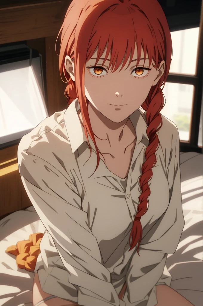 Makima \(Chainsaw Man\),, One girl, only, sit, Redhead, Long braided hair, Golden Eyes,White lace panties, Medium breast, White shirt, Perfect collarbone,(White Blaja),(White panties), (just:1.2), Watching the audience, (Close-up:1.3), , Upper Body, Best Quality, Glowing Skin, highest quality, High resolution, , bed