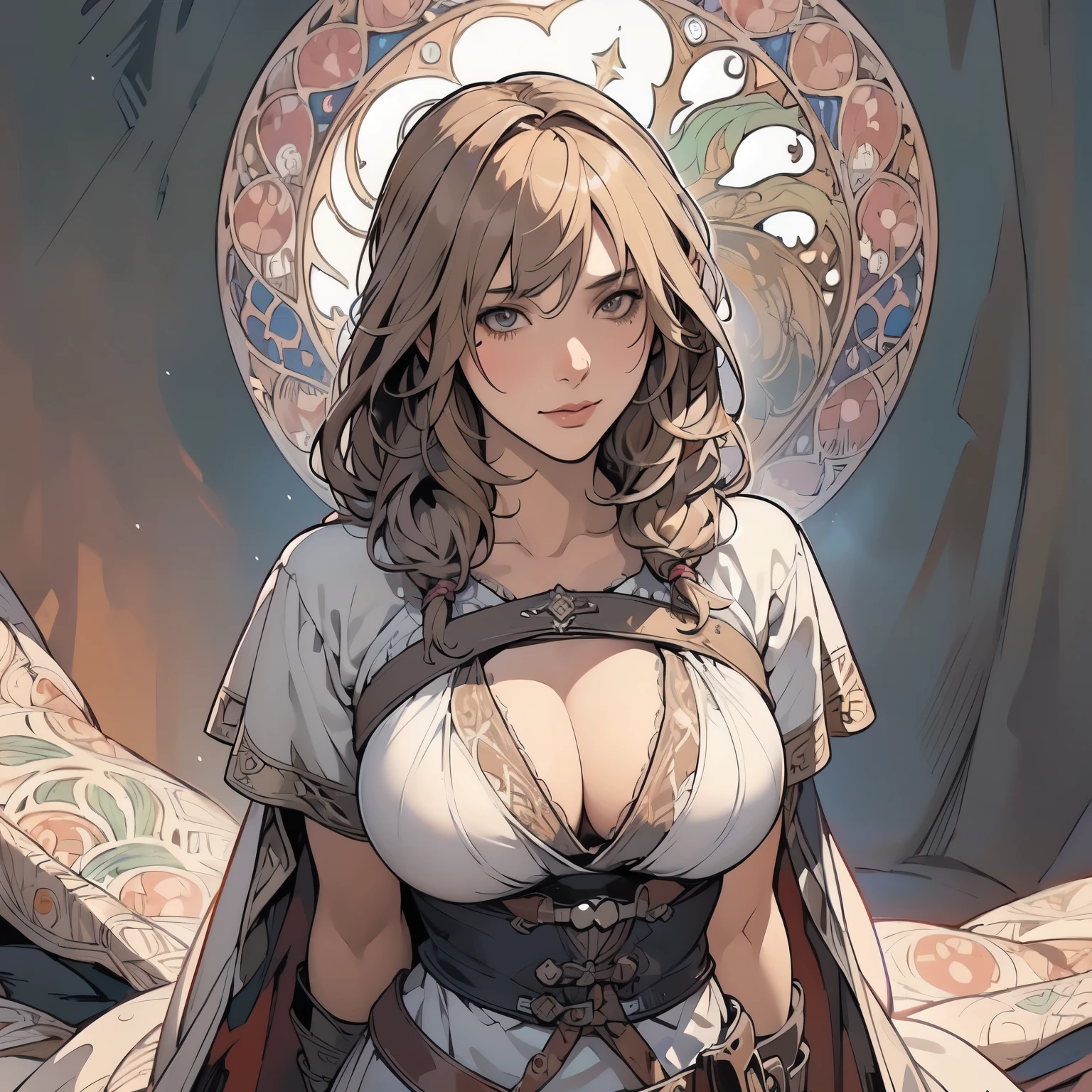 ((Detailed face)),((Mucha's style)),(((vulgar))),(portrait),Right facing,huge breasts, Raised ,The look of ecstasy,light brown,half-up braid,(arms behind back:1.2),((be downcast))((Medieval fantasy Female bandit)),Wearing Medieval bandit clothing,(cowboy shot:1.2)