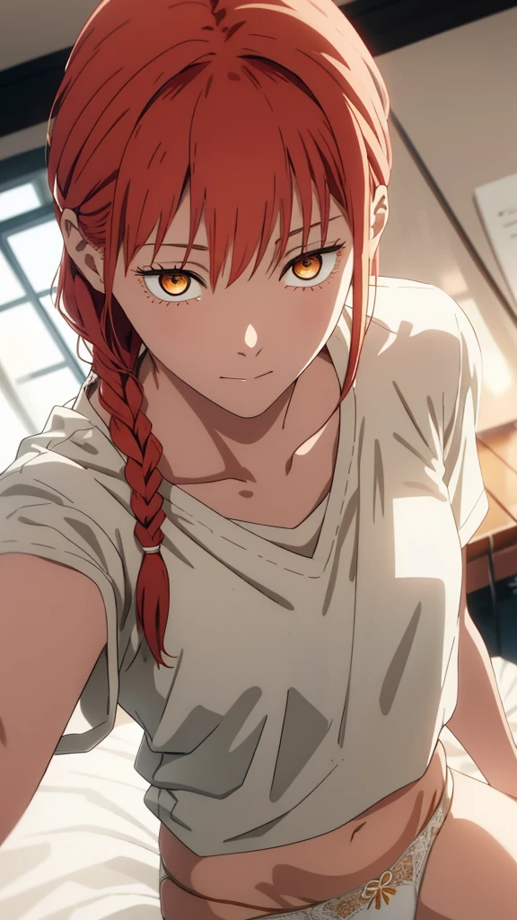 Makima \(Chainsaw Man\),, One girl, only, sit, Redhead, Long braided hair, Golden Eyes,White lace panties, Medium breast,shirt, Perfect collarbone,(White panties), (just:1.2), Watching the audience, (Close-up:1.3), , Upper Body, Best Quality, Glowing Skin, highest quality, High resolution, stomach, bed