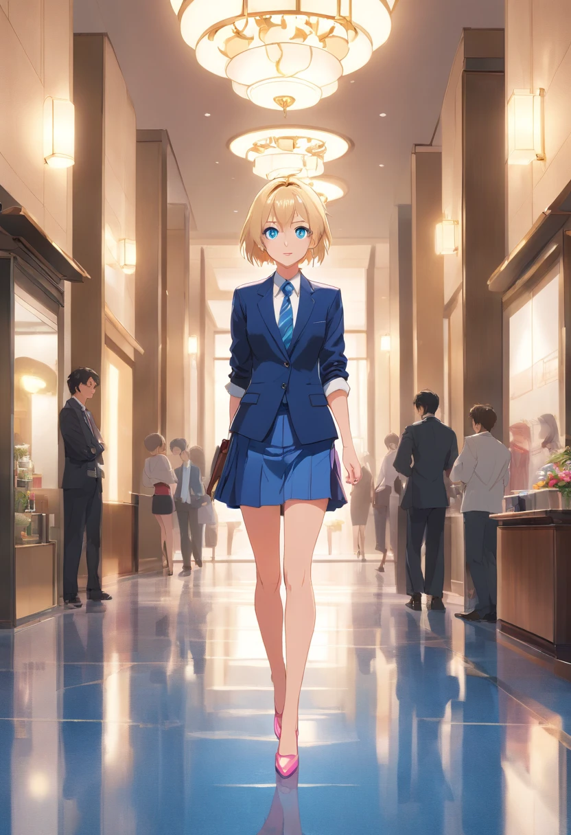 17 years old Women, ((Blonde)), ((Blue eyes)), ((Short hair)), ((Full shot)), very detailed makeup, pale pink lipstick, long earrings, bare shoulders and jewelry necklace,Tailored suit with pencil skirt, short jacket and high heels, Walking through a hotel lobby the floor is wet,