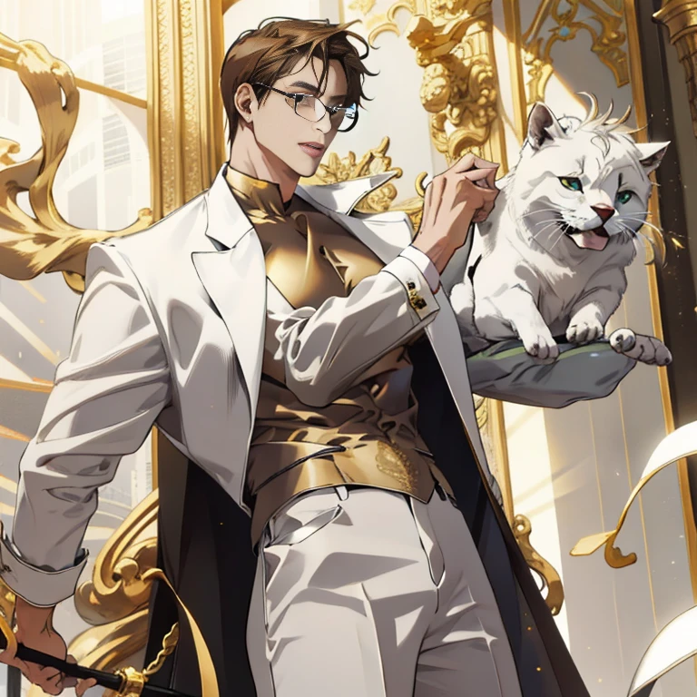 Mature male wearing golden glasses，vestindo ternos pretos，cabelo branco prateado，ombros largos，grande alto，The dorsal side is dark brown