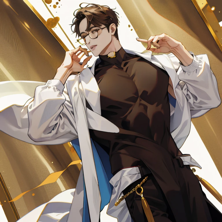 Mature male wearing golden glasses,vestindo ternos pretos,cabelo branco prateado,ombros largos,grande alto,The dorsal side is dark brown