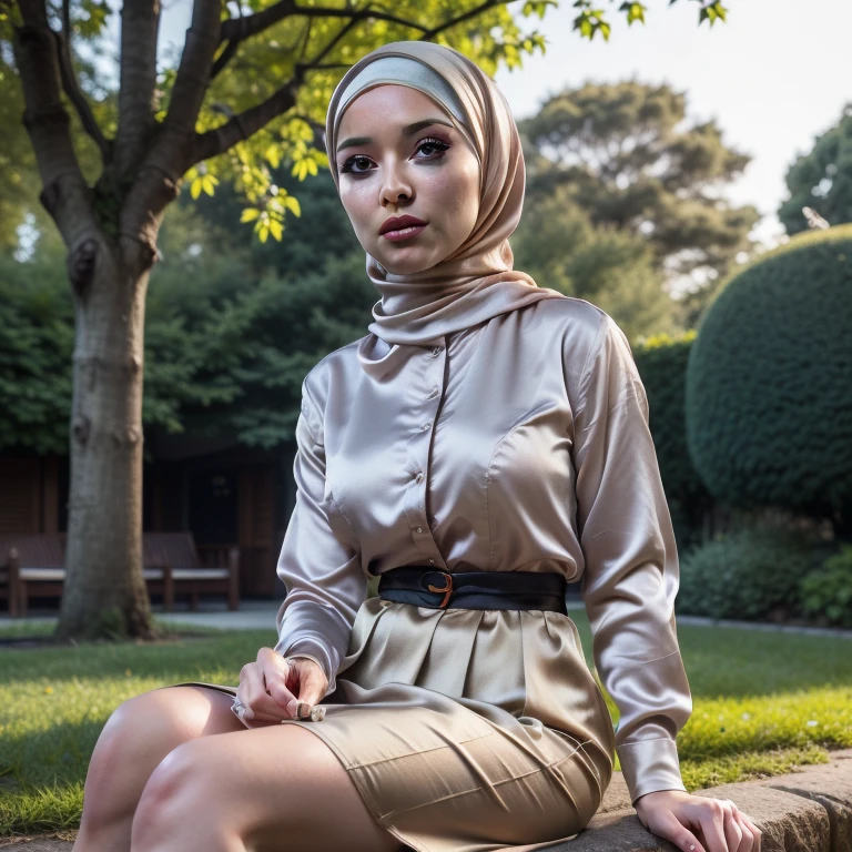 3DMM, ((Masterpiece, best quality, photography, detailed skin, realistic, photo-realistic, 8k, highly detailed, full length frame, High detail RAW color art, diffused soft lighting, shallow depth of field, sharp focus, hyperrealism, cinematic lighting, hijab, a woman in a beautifully makeup, smokey eyeshadow, beautiful big eyes, long eye lashes, wearing (aqua satin hijab), loosely tide hijab style, ((Taupe satin shirt)), satin long waist skirt, reading, sitting under tree, garden