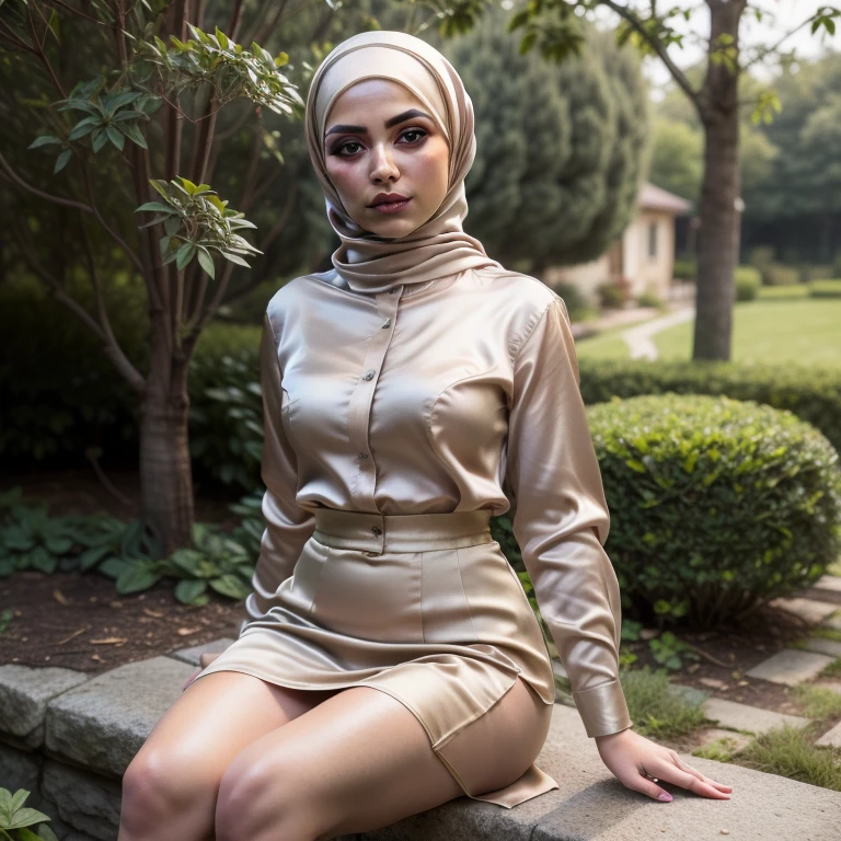 3DMM, ((Masterpiece, best quality, photography, detailed skin, realistic, photo-realistic, 8k, highly detailed, full length frame, High detail RAW color art, diffused soft lighting, shallow depth of field, sharp focus, hyperrealism, cinematic lighting, hijab, a woman in a beautifully makeup, smokey eyeshadow, beautiful big eyes, long eye lashes, wearing (aqua satin hijab), loosely tide hijab style, ((Taupe satin shirt)), satin long waist skirt, reading, sitting under tree, garden