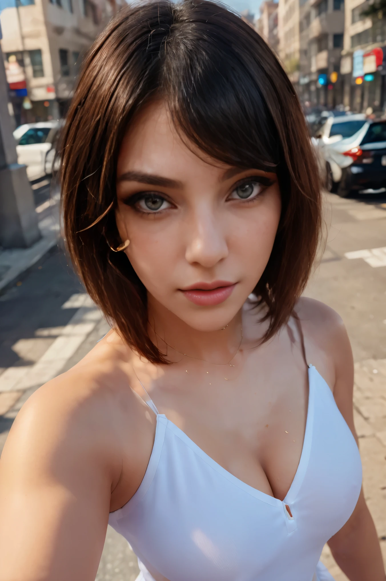 (selfie, top view: 1.4), (straight full of the body: 1.4), RAW UHD selphie photo. beautiful woman of 35 years old, short shoulder length hair (bob), pale white skin (highly detailed), bright blue eyes, perfect body, makeup, red lips. Walking down a light alley, city at day,details (textures! , hair! , glitter, color!! , disadvantages: 1.1), glossy eyes with high detail (looking at the camera) depth of field, Iphone grain (center), crystal clear, frame center, beautiful face, sharp focus, bokeh (dimly lit), day, (blue sky), detailed skin pores, oily skin, sunburn, complex eye details, full body, large breasts, selfie mod, professionnal, white shirt, full body, say“shh”with her finger