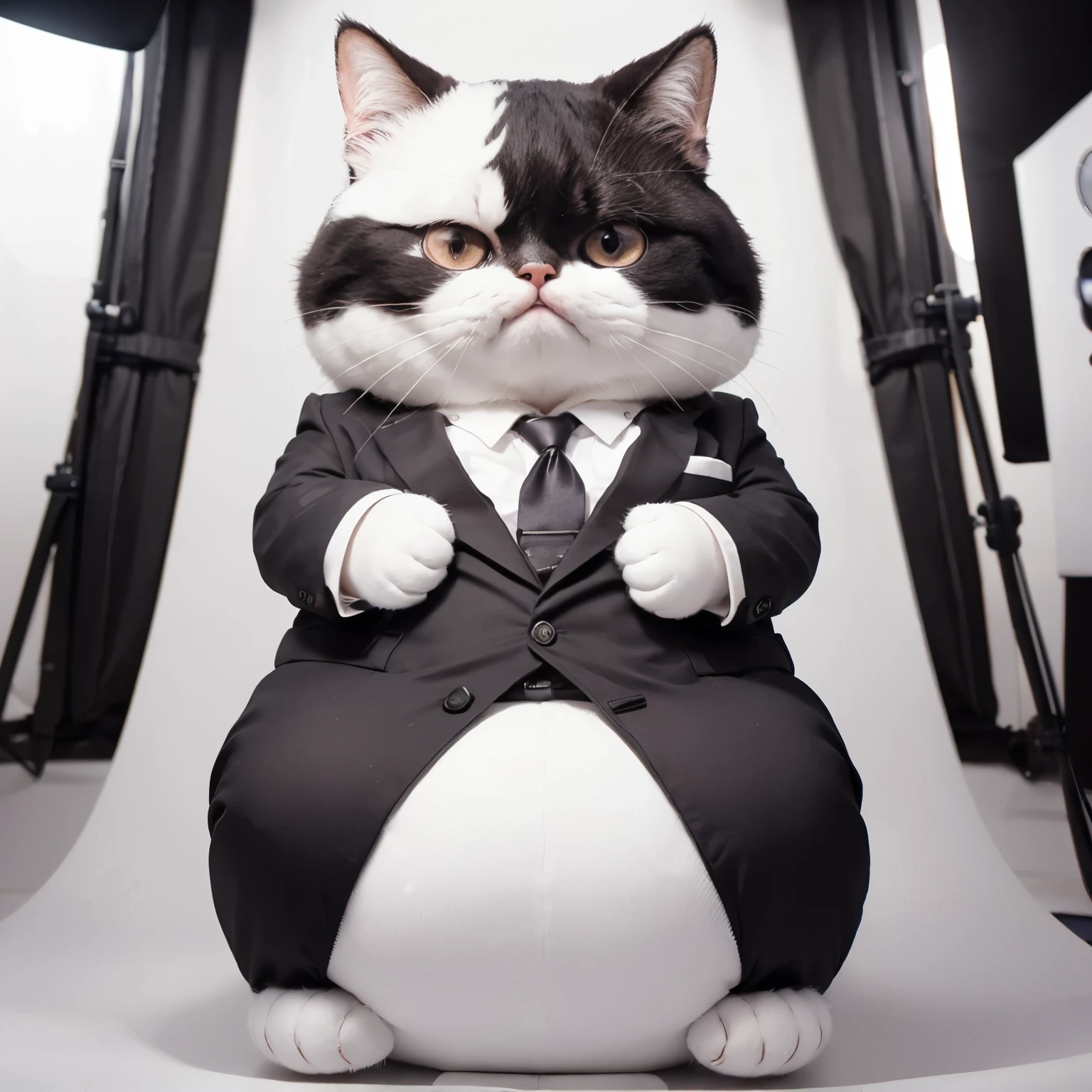 anthropomorphic chubby cat, wearing a strict business suit, meditating alone in a (white photography studio : 1.4)