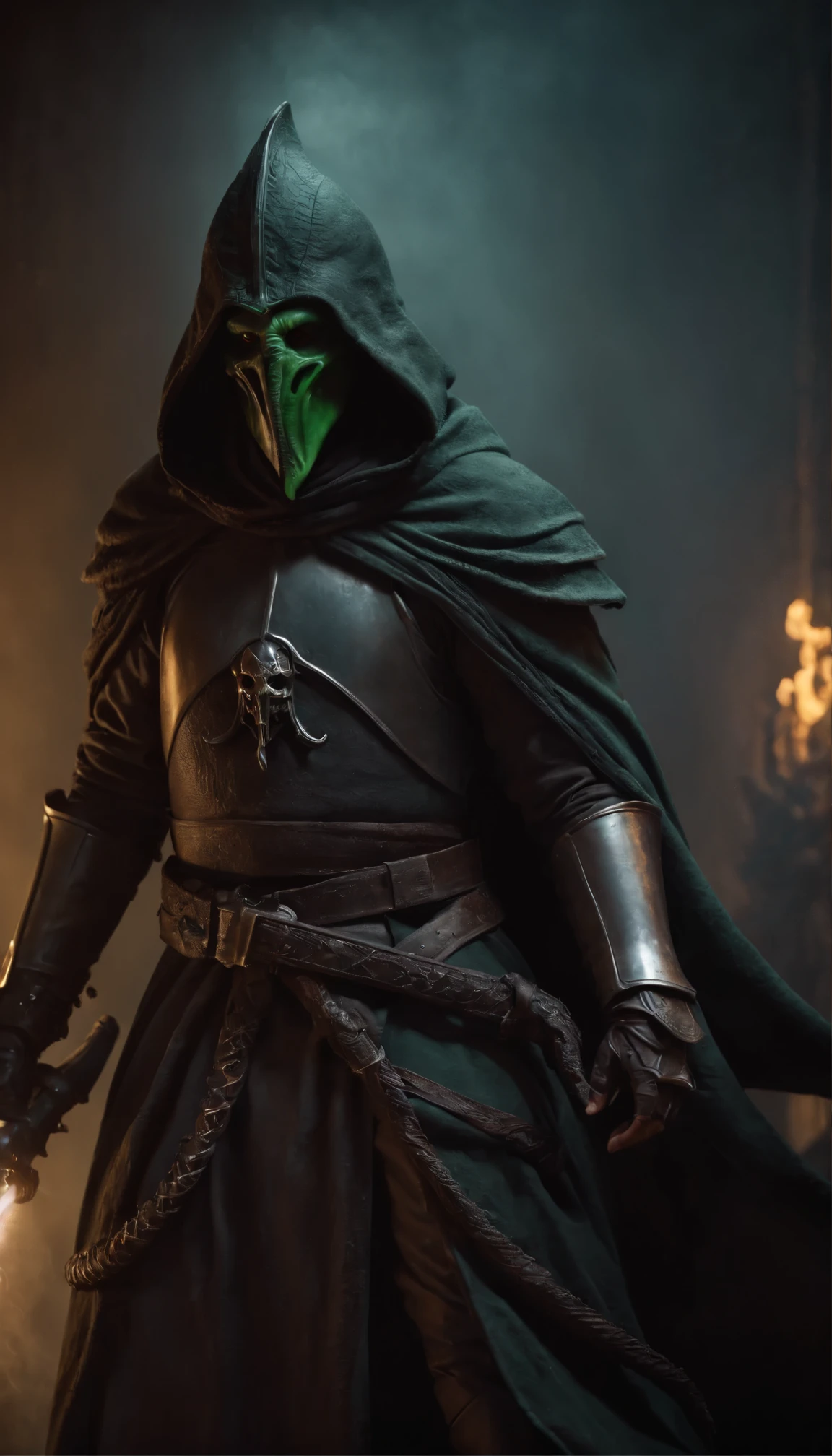 Jedi Knight,Neon-lit scene(Highest quality:1.2)、Cthulhu Bishop in the foreground(Background of deadly battle knights:1.5)、Smoky atmosphere(Surreal and otherworldly:1.3)、Neon-colored bishop's robes(Cthulhu's Tentacles Extending:1.4)、The Bishop's stern and grotesque face(A knight in hooded armour carrying an ominous weapon:1.6)、A dark and ominous background contrasting with bright neon lights、(Detailed Texture:1.1)、