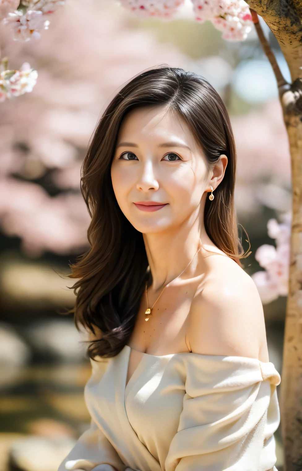 Professional, High level of detail, close up photo (attractive mature 45yo woman:1.3), long black hair,(red long dress, off shoulder, wearing robe)1.455, ray tracing, natural lighting, (seductive:1.1), (blushing:1.1 ), (classy, elegant, dandy)1.2, (pokies)1.3, (toned body, hourglass body shape) (wipe hips), (full body with visible face and eyes)1.5, glasses, earnings, sakura forest, river, standing, shy smile, golden necklace