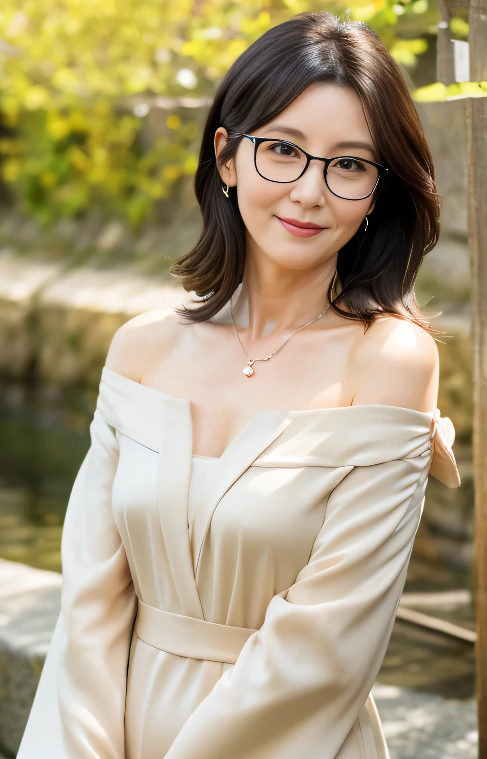 Professional, High level of detail, close up photo (attractive mature 45yo woman:1.3), long black hair,(red long dress, off shoulder, wearing robe)1.455, ray tracing, natural lighting, (seductive:1.1), (blushing:1.1 ), (classy, elegant, dandy)1.2, (pokies)1.3, (toned body, hourglass body shape) (wipe hips), (full body with visible face and eyes)1.5, glasses, earnings, sakura forest, river, standing, shy smile, golden necklace