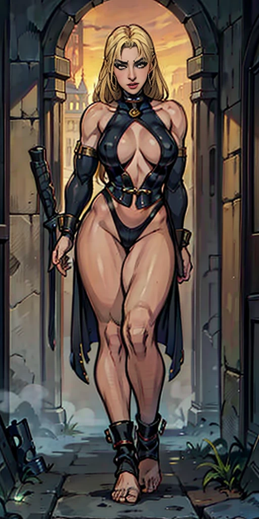 (masterpiece, best quality:1.2), 1girl, blonde, Demikin Fantasy Race, solo, Roxanne, Slave, Roxanne Slave Harem in the Labyrinth of the Other World, full body, toe to head, standing straight symmetrical