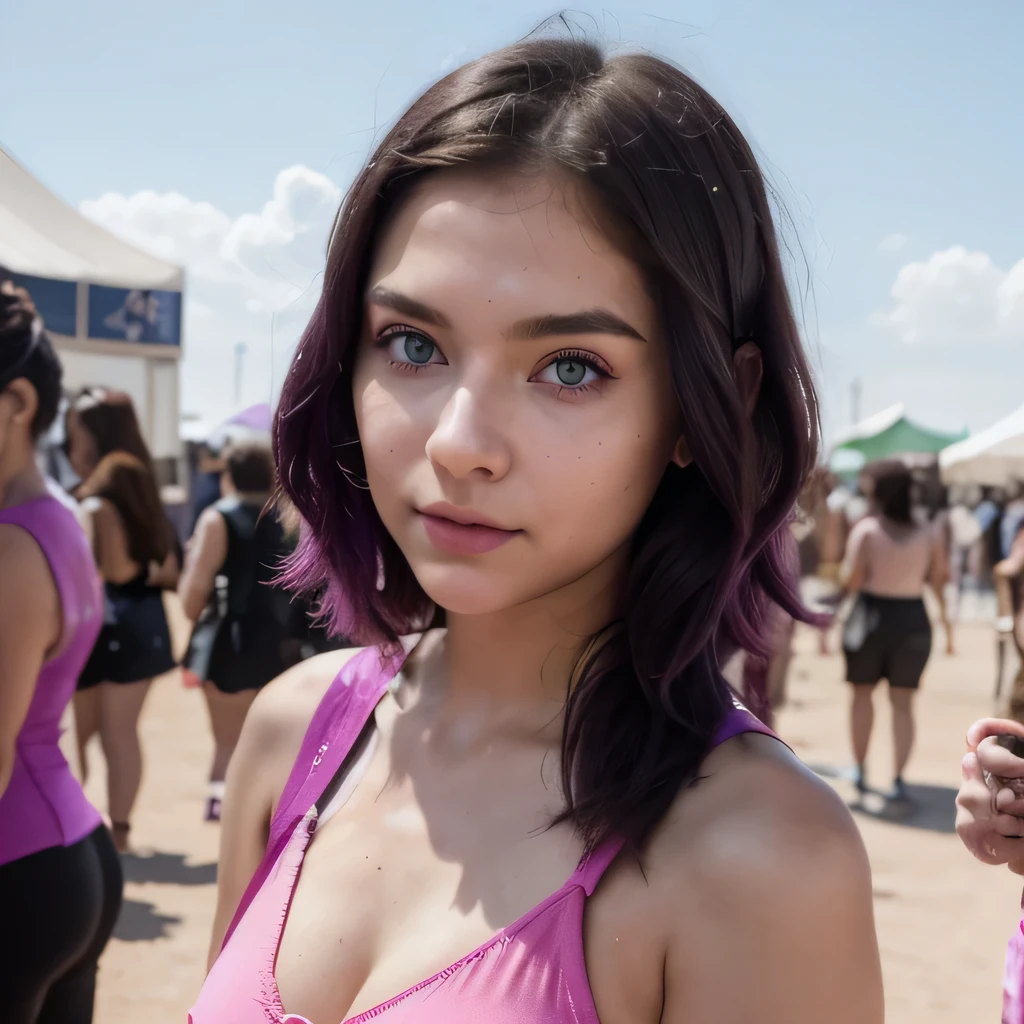 photo of a college student, in Purple Pink, futuristic space suit, (freckles:0.8) cute face, sci-fi, dystopian, detailed eyes, Heterochromia eyes((Side view)),music festival,Activity