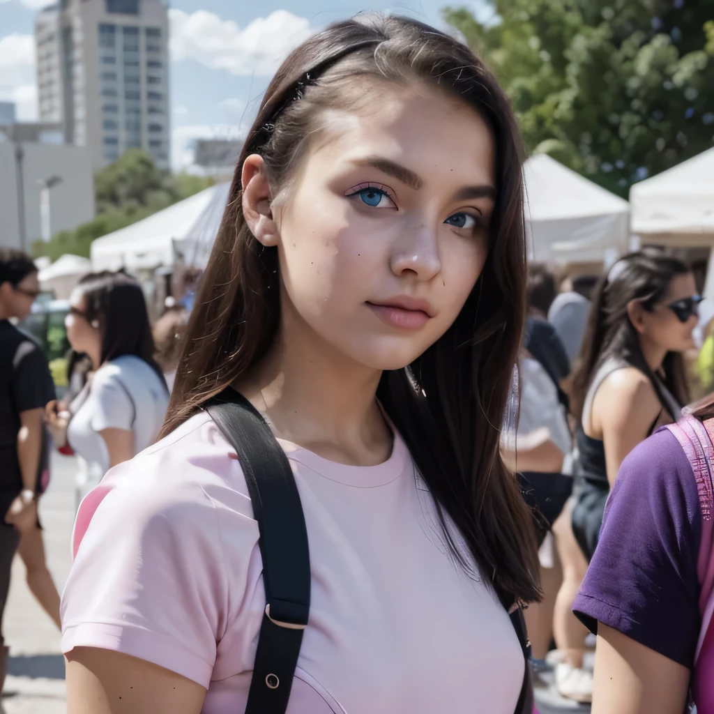 photo of a college student, in Purple Pink, futuristic space suit, (freckles:0.8) cute face, sci-fi, dystopian, detailed eyes, Heterochromia eyes((Side view)),music festival,Activity