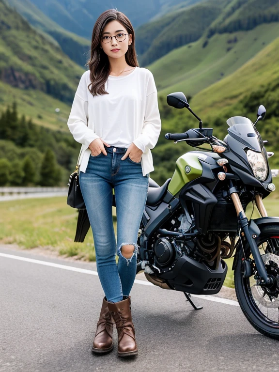 8k、Masterpiece、Ultra HD、highest quality、Ultra-high resolution、Realistic photos、Very beautiful and neat Japanese woman、Very beautiful face、23 years old、Beautiful Skin、Beautiful Eyes、Beautiful black hair、I always wear glasses、Travelling by motorbike、Standing by the motorcycle、SUZUKI  VStrom650、Motorcycle Jackets、White T-shirt、Skinny denim pants、Brown motorcycle short boots、In the beautiful green mountains、Capture beautiful faces
