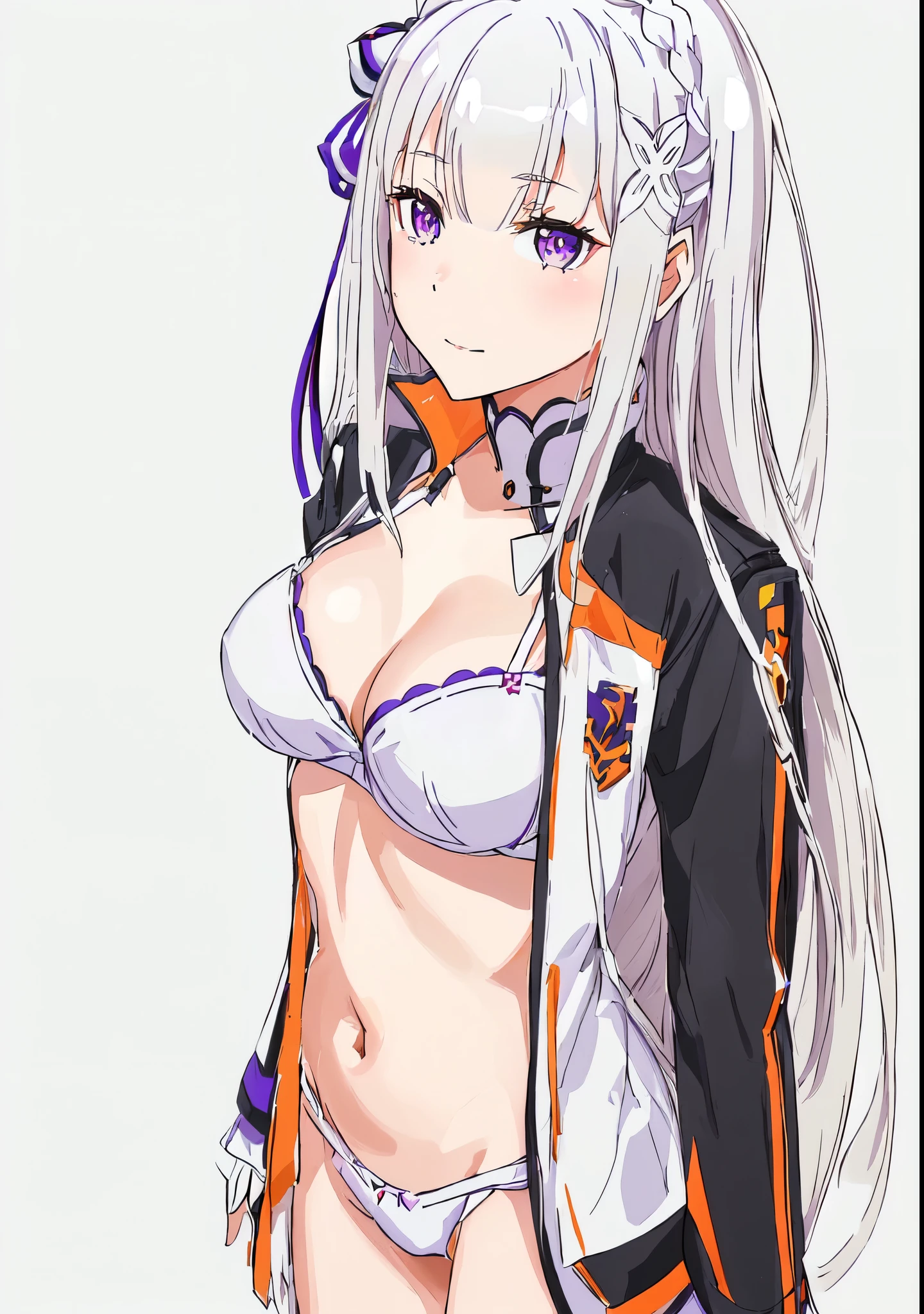 Emilia re:zero, purple eyes, Emilia, crown braid, x hair ornament, flower hair ornament, white hair, long hair, medium breasts, anime girl with long white hair and purple eyes in a bra and panties, wearing subaru black and orange and white jacket, seductive anime girl, from girls frontline, azur lane style, attractive anime girl, girls frontline style, female anime character, tifa lockhart with white hair, white haired deity, white haired, anime moe artstyle, vector shaded anime, ecchi anime style, white-haired, perfect white haired girl