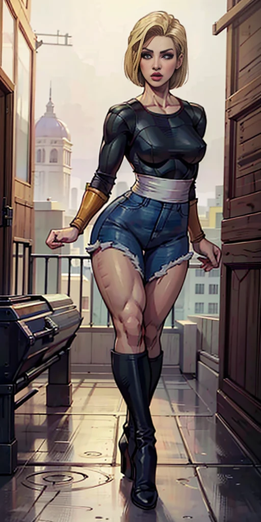 8k, best quality, masterpiece:1.2) (realistic, photo-realistic:1.37) (full body) 1female solo girl, standing, legs apart (wide stance) standing contrapposto, ultra-detailed, cute (Android 18) from DBZ