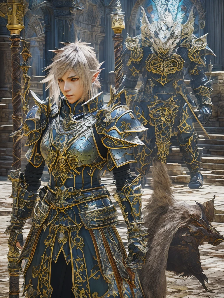 Fantasy Warrior, Design Armor, Intricate Design, Realistic, 8K Ultra Graphics、(((Final Fantasy)))、knight、cool、battlefield、Background Graphics、FF14、colorful<