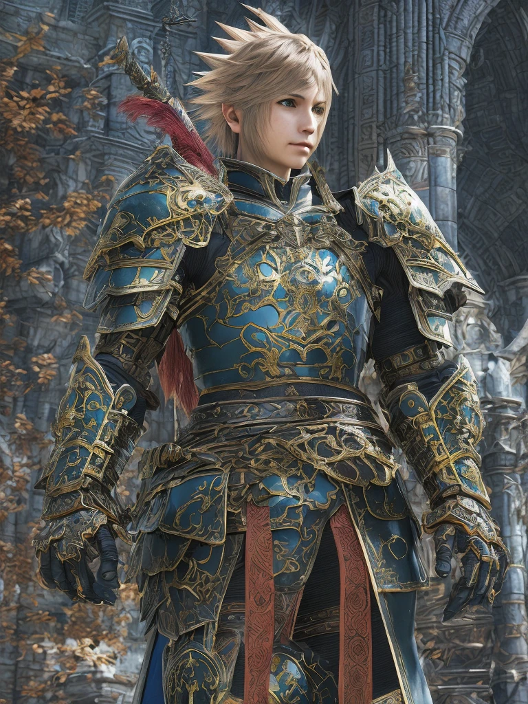 Fantasy Warrior, Design Armor, Intricate Design, Realistic, 8K Ultra Graphics、(((Final Fantasy)))、knight、cool、battlefield、Background Graphics、FF14、colorful<