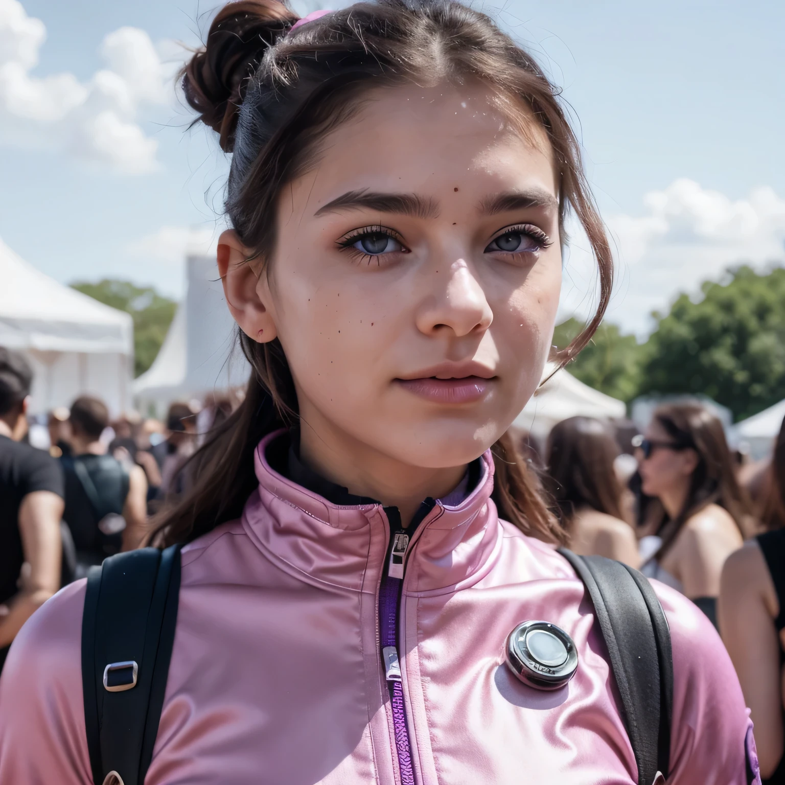 photo of a college student, in Purple Pink, futuristic space suit, (freckles:0.8) cute face, sci-fi, dystopian, detailed eyes, Heterochromia eyes((Side view)),music festival,Activity