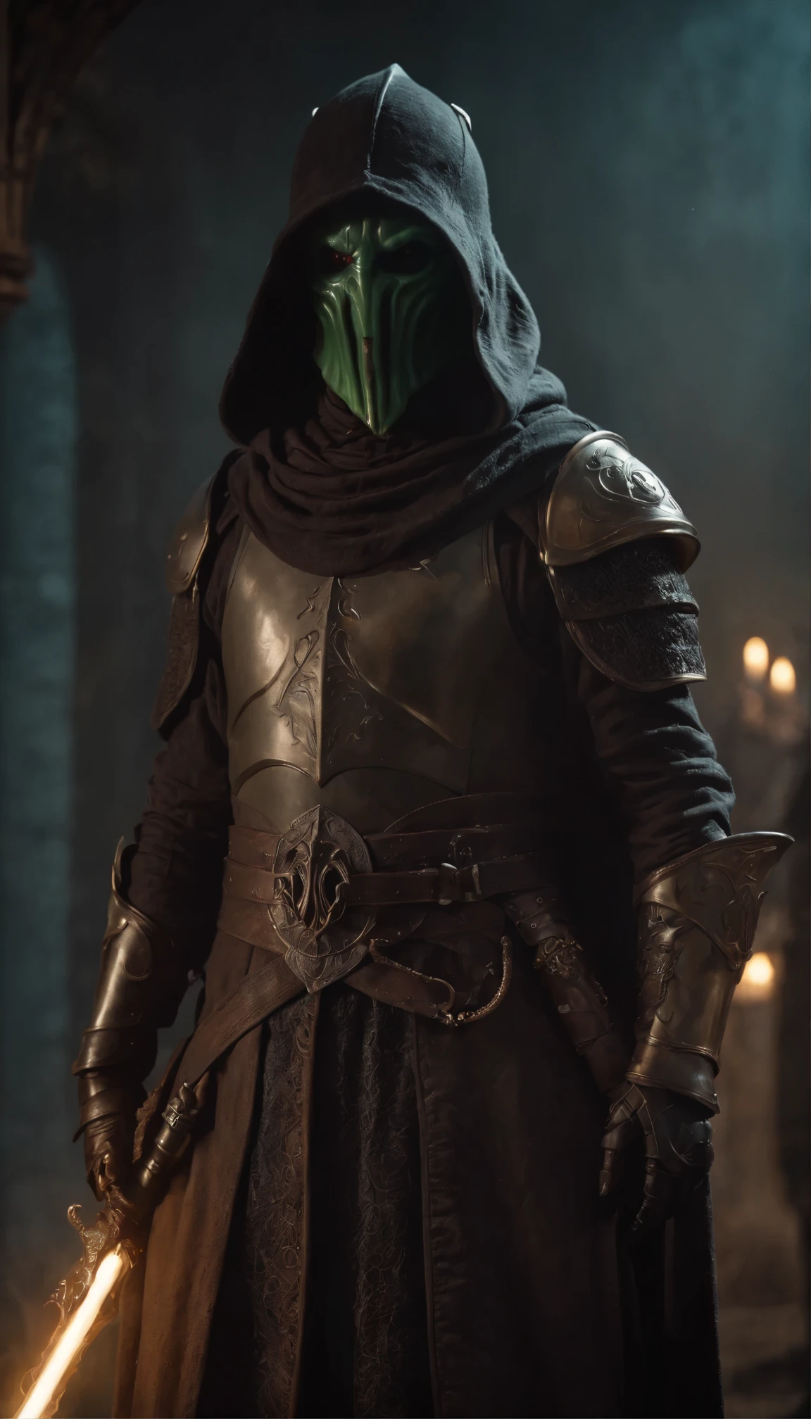 Jedi Knight,Neon-lit scene(Highest quality:1.2)、Cthulhu Bishop in the foreground(Background of deadly battle knights:1.5)、Smoky atmosphere(Surreal and otherworldly:1.3)、Neon-colored bishop's robes(Cthulhu's Tentacles Extending:1.4)、The Bishop's stern and grotesque face(A knight in hooded armour carrying an ominous weapon:1.6)、A dark and ominous background contrasting with bright neon lights、(Detailed Texture:1.1)、