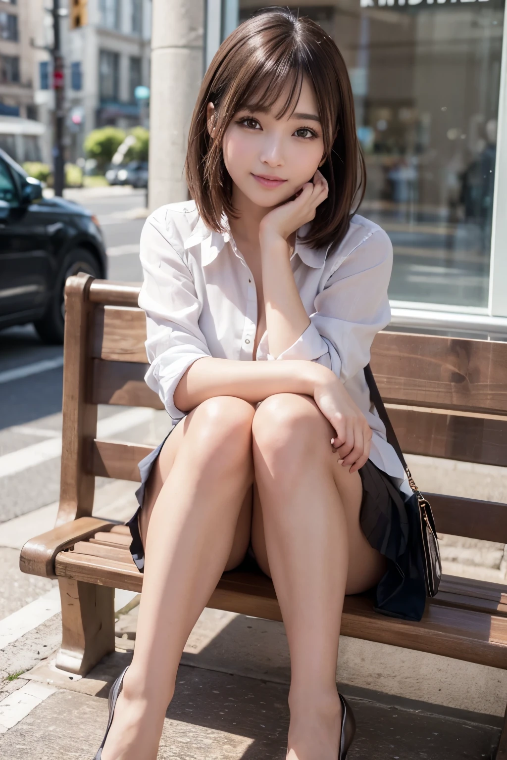 (Realistic, Photorealistic: 1.37), (Masterpiece), (Best Quality: 1.4), (Ultra High Resolution: 1.2), (RAW Photo: 1.2), (Sharp Focus: 1.3), (Facial Focus: 1.2), Elegant, (Full Body: 1.2), Best Quality, Masterpiece, (Realism: 1.2), A Girl, Brown Hair, Brown Eyes, Frontal, Detailed Face, Beautiful Eyes, Pleated Miniskirt , Sitting at a Bus Stop (1.5), Facing the Spectator, Biting smile, Many eyelashes, High heels, very beautiful,