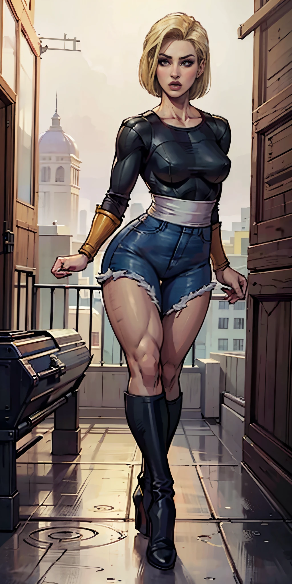 8k, best quality, masterpiece:1.2) (realistic, photo-realistic:1.37) (full body) 1female solo girl, standing, legs apart (wide stance) standing contrapposto, ultra-detailed, cute (Android 18) from DBZ