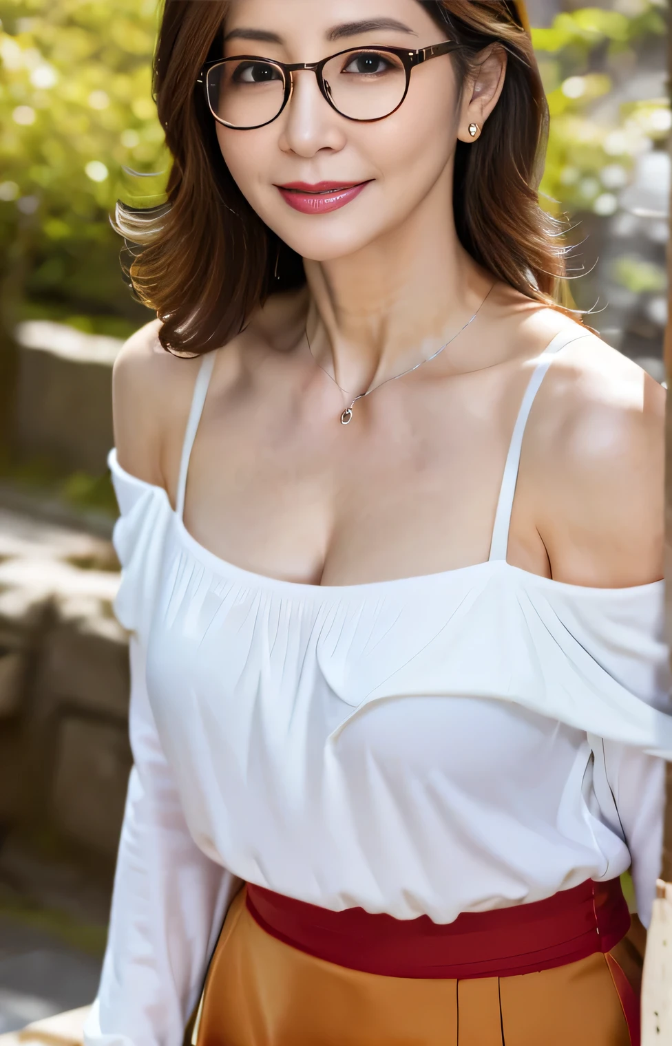 Professional, High level of detail, close up photo (attractive mature 45yo woman:1.3), long black hair,(red long dress, off shoulder, satin long skirt)1.455, ray tracing, natural lighting, (seductive:1.1), (blushing:1.1 ), (classy, elegant, dandy)1.2, (pokies)1.3, (toned body, hourglass body shape) (wipe hips), (full body with visible face and eyes)1.5, glasses, earnings, sakura forest, river, standing, golden necklace