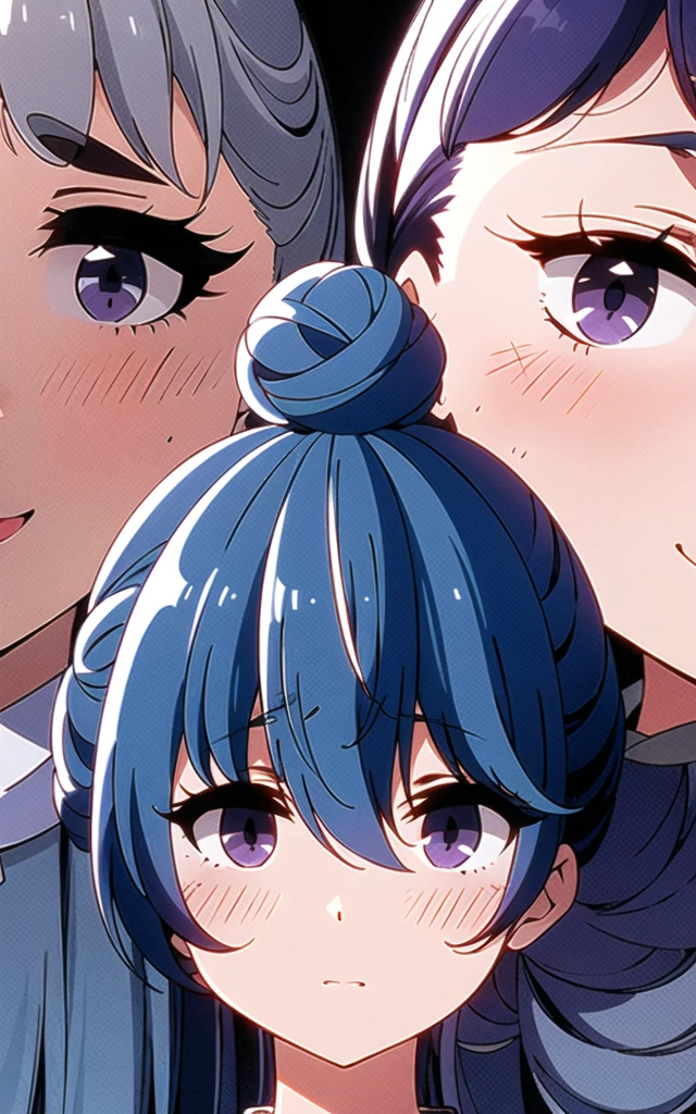 figure:1.0), masterpiece, highest quality, 非常にdetailedな, figure, Blue Hair, bangs, Top Knot Hairpan, detailedな紫色の目,Emphasizing the dark and crazy elements. Skillfully expressing the effects of light and shadow, detailed, The face and expression are carefully drawn..., Artistic elements add depth to the work, With a unique artistic touch. This film is visually stimulating、Aesthetically pleasing, sketch (Character design sheet, same characters, whole body, Three-View, front, ~ ~ ~ side, return),whole body絵