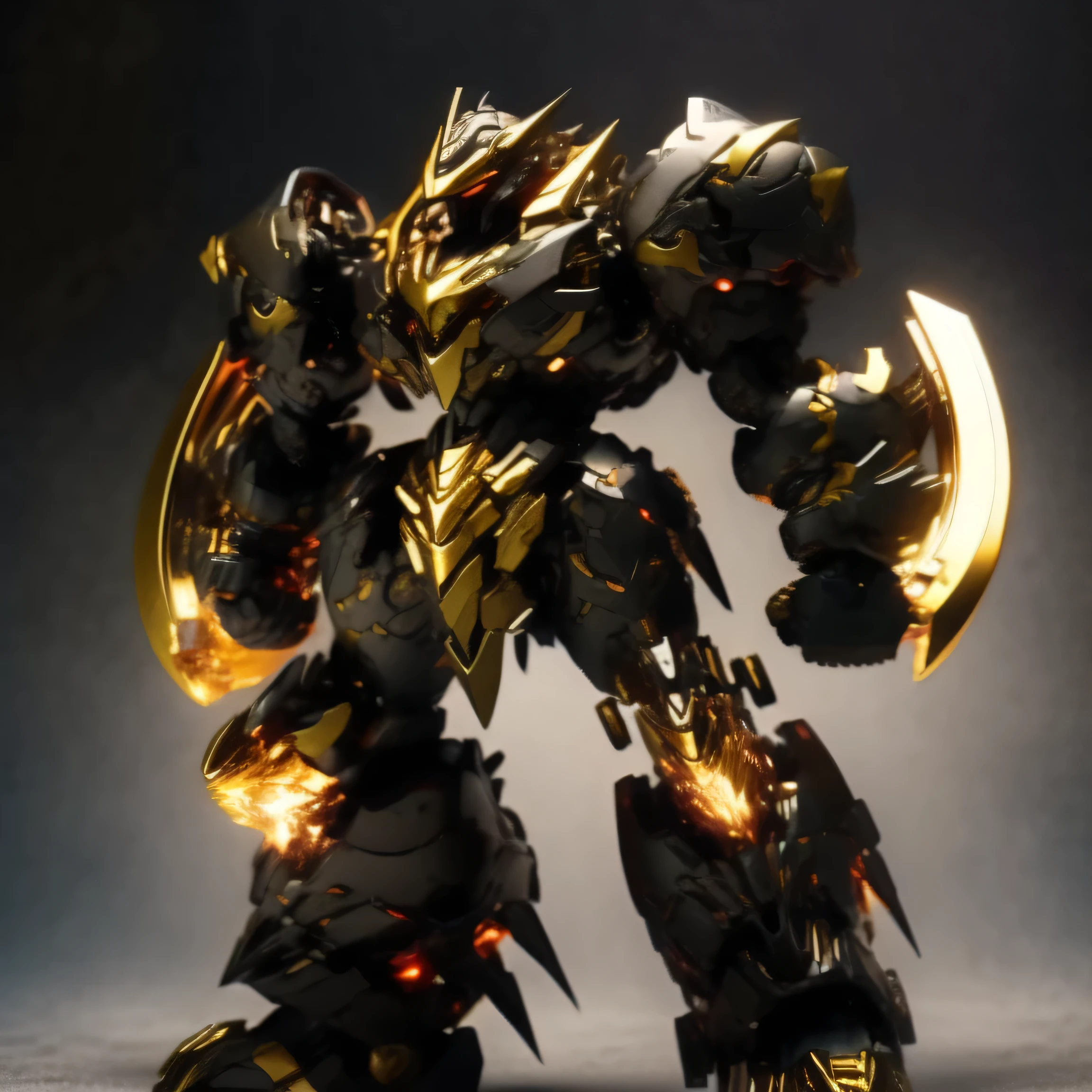 Full Body, Gold and Red, Gorilla, Robot, Forest, Blunt Knuckle Dusters, Symmetrical, Glowing Weapon, Bulky