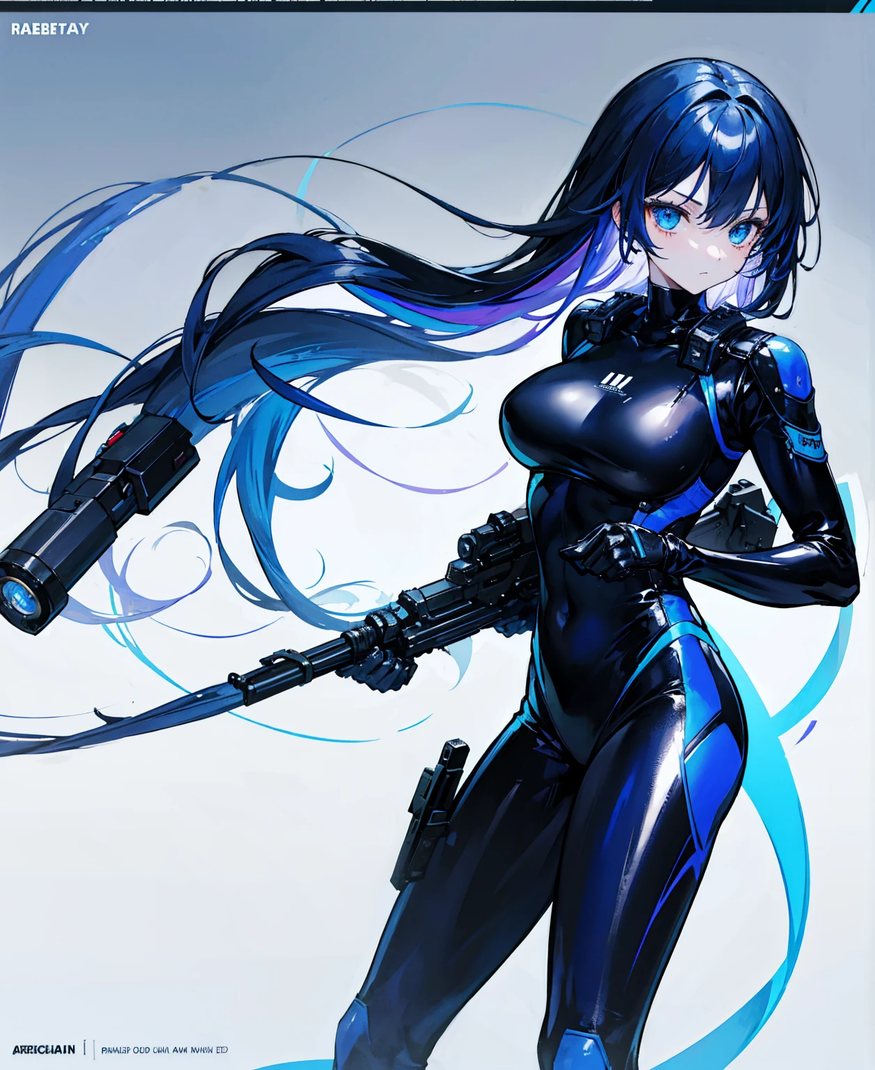 There is no background,girl,Carry a firearm,Patent leather tight suit,Use of firearms,Navy blue long hair,attention arousal,Blue colored eyes,No gradients