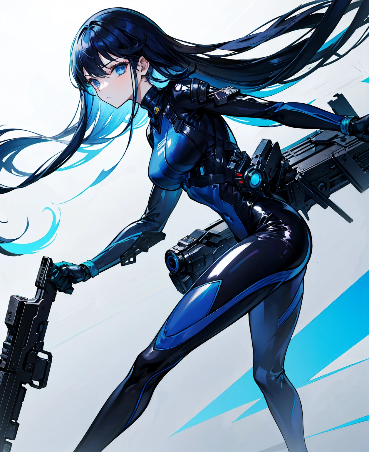 There is no background，girl，Carry a firearm，Patent leather tight suit，Use of firearms，Navy blue long hair，attention arousal，Blue colored eyes,No gradients