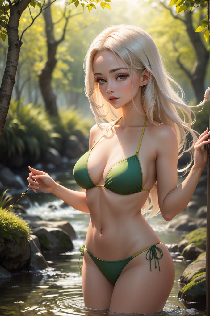 (Gates McFadden, de-age to approximately 18, youthful appearance,youthful,energetic,natural beauty,alluring:1.1,beautiful detailed eyes,beautiful detailed lips,extremely detailed eyes and face:1.1,longeyelashes:1.1),in a(serene,tranquil,picturesque)garden,(string bikini:1.1,skimpy bikini,scanty swimwear)clinging to her exquisite figure,casting a seductive glance as she fishes delicately in a shallow stream(twirling her hair flirtatiously),her graceful movements and tempting allure making the act look irresistibly sexy,(rippling sunlight filtering through the trees,illuminating her radiant skin in a golden glow),(soft,gentle breeze,rustling leaves)whispering secrets to her,enhancing the atmosphere of sensual mystery,(best quality,4k,8k,highres,masterpiece:1.2),ultra-detailed,realistic:1.37),with vibrant colors,(lush,verdant,varied)foliage setting the scene,creating a rich tapestry of nature's beauty in the background,her youthful vitality beautifully contrasting with the serene surroundings,infusing the image with a sense of playful elegance and seductive charm.