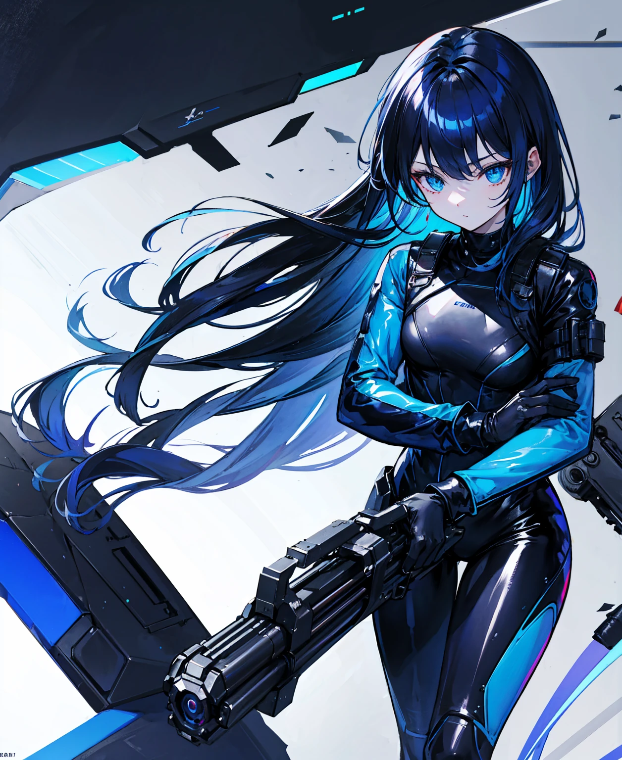 There is no background,girl,Carry a firearm,Patent leather tight suit,Use of firearms,Navy blue long hair,attention arousal,Blue colored eyes,No gradients