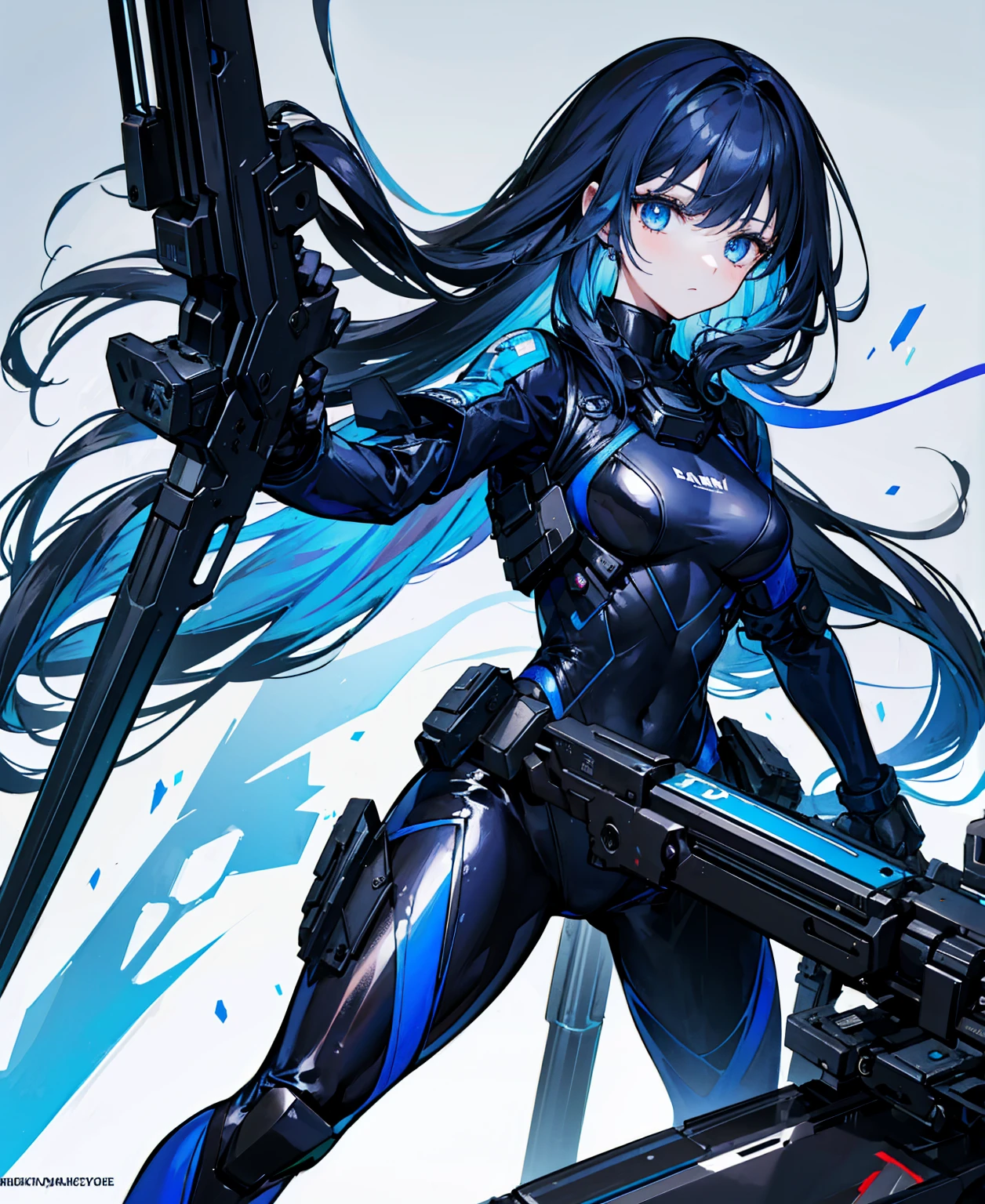 There is no background,girl,Carry a firearm,Patent leather tight suit,Use of firearms,Navy blue long hair,attention arousal,Blue colored eyes,No gradients