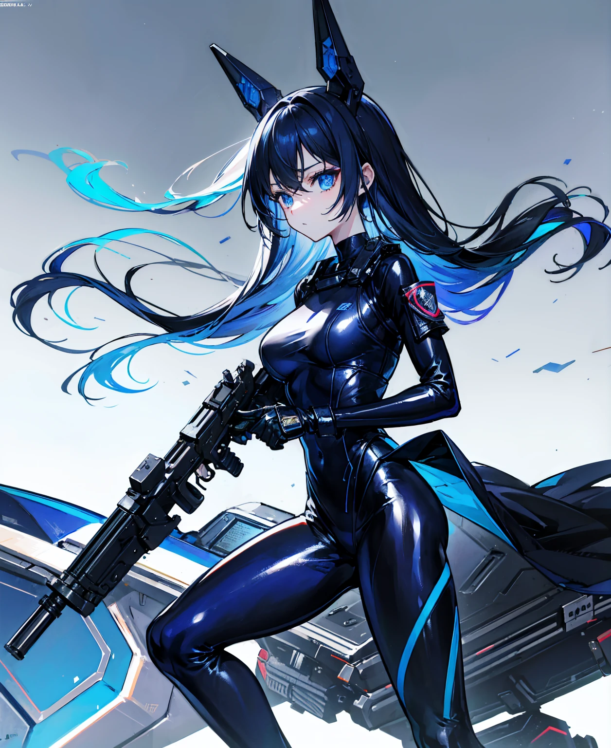 There is no background，girl，Carry a firearm，Patent leather tight suit，Use of firearms，Navy blue long hair，attention arousal，Blue colored eyes,No gradients