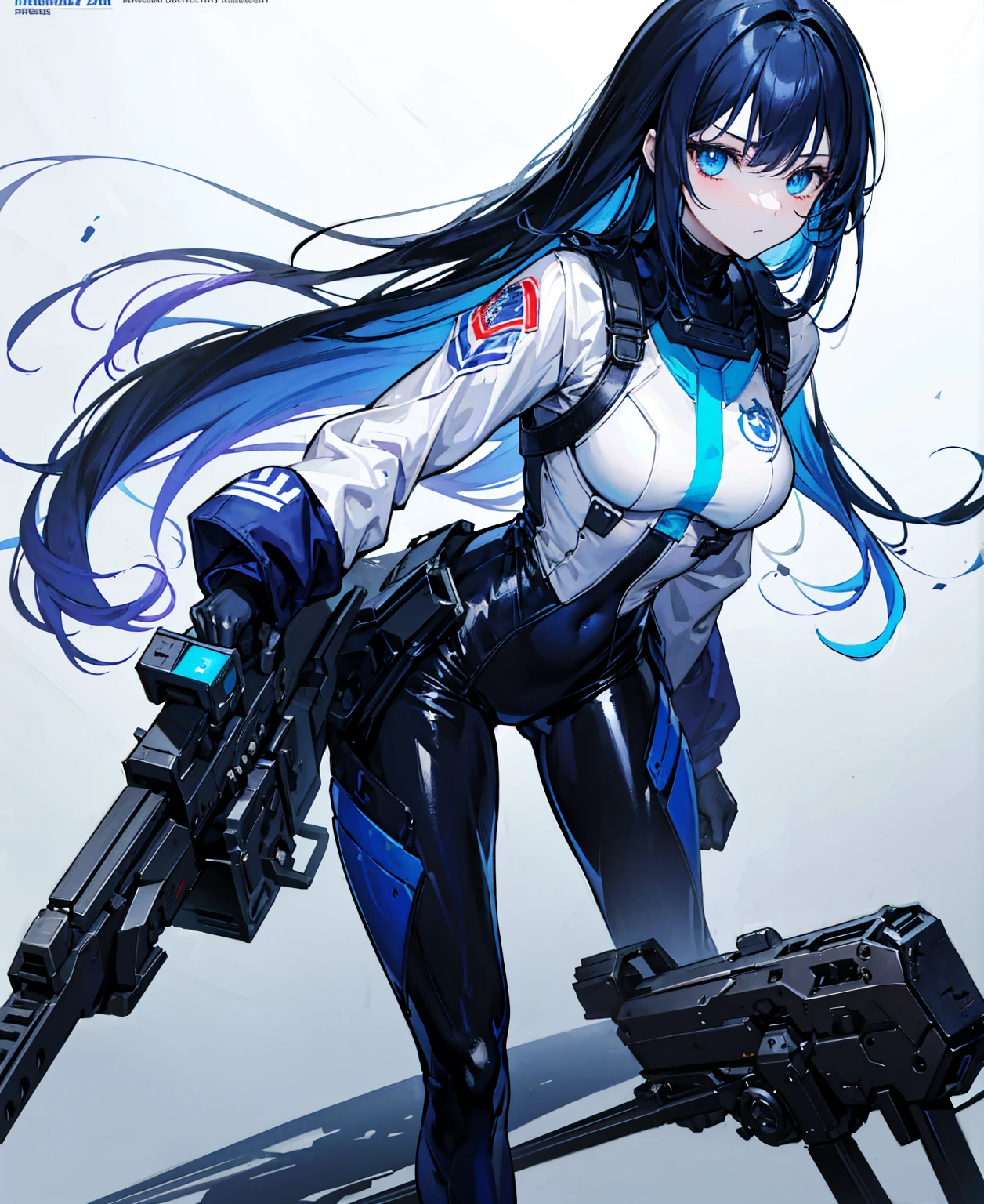 There is no background,girl,Carry a firearm,Patent leather tight suit,Use of firearms,Navy blue long hair,attention arousal,Blue colored eyes,No gradients
