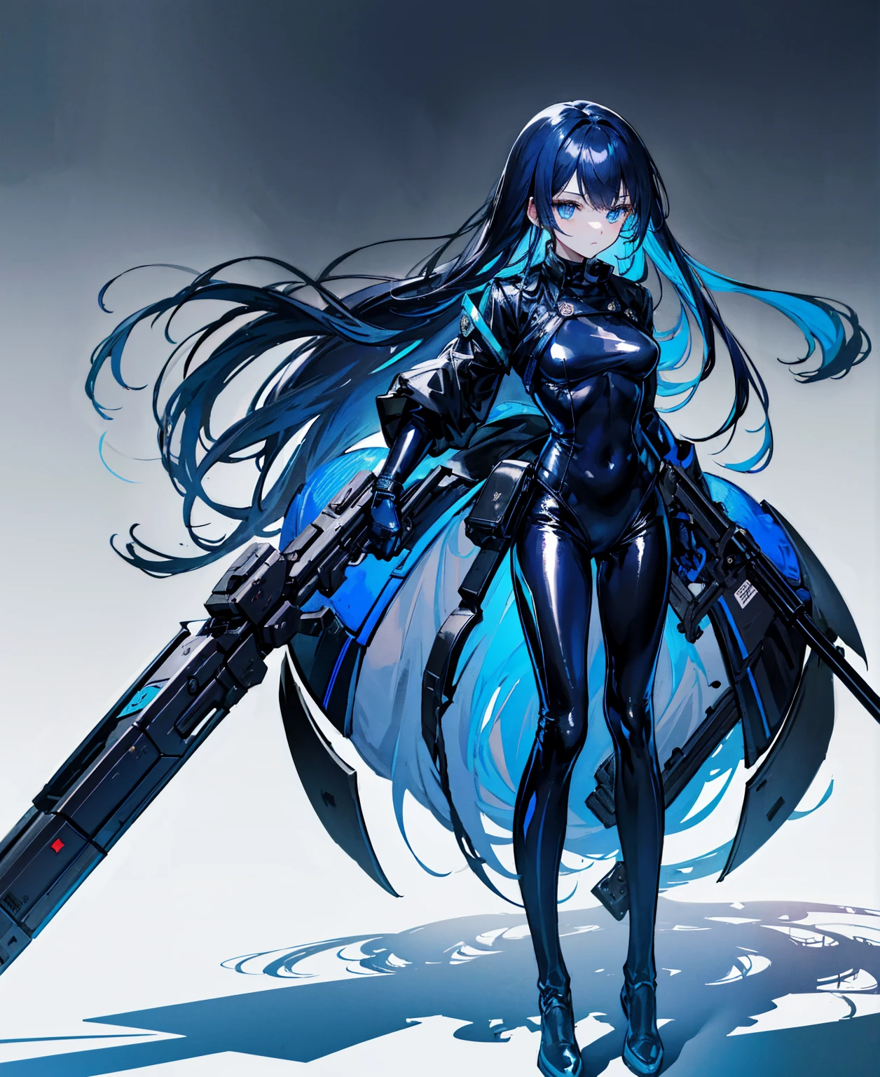 There is no background，girl，Carry a firearm，Patent leather tight suit，Use of firearms，Navy blue long hair，attention arousal，Blue colored eyes,No gradients