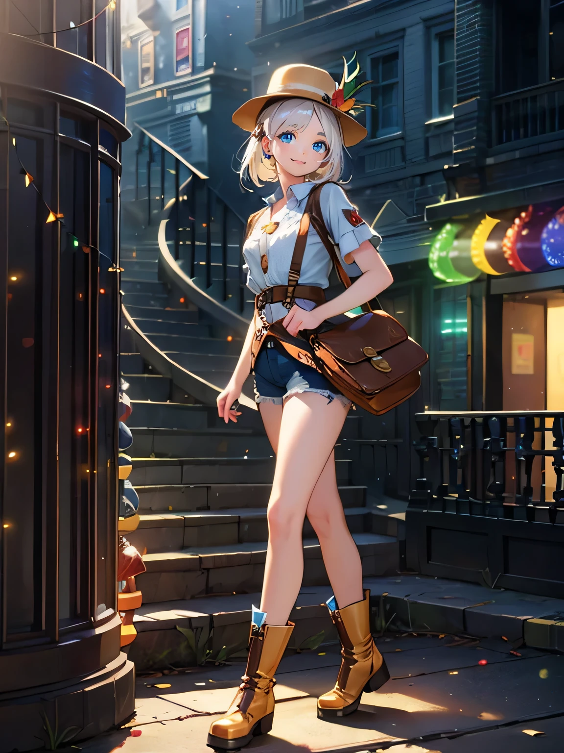 (1girl, solo:1.7), (light smile:1.5), (beautiful detailed blue eyes:1.3), (hair ornament:1.3), (white hair:1.5),
(Beautiful eyebrows), Separated eyebrows, (shiny eyes, shiny hair:1.3), no makeup, short cut, cute hair,
BREAK
(Outback leather hat, bush shirt, shorts, rugged boots:1.3),
BREAK
(Tiptoeing quietly:1.5),
BREAK
(Spiral staircase descent:1.5),
BREAK
(Colorful carnival, festive lights:1.6),
BREAK
(photo realistic:1.7), (masterpiece, top quality, best quality:1.4), (ultra detailed, absolutely resolution),
((16k, highres:1.5)), (reflect) (intense forward light, strong forward light:1.5), (high quality, cinematic, hyper
realistic:1.5),
BREAK
(best impact:1.4), (Maximalism:1.6), (vivid contrast), (Ultra-luxurious light:1.2), (diffuse reflection:1.3), (high
speed shutter, motion blur), (HDR, unity 16k wallpaper, extremely detailed CG, ultra highres, UHD, /1080P, HD, 4K, 8K:1.5),