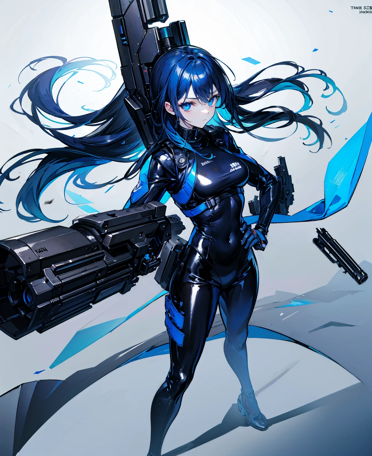 There is no background，girl，Carry a firearm，Patent leather tight suit，Use of firearms，Navy blue long hair，attention arousal，Blue colored eyes,No gradients