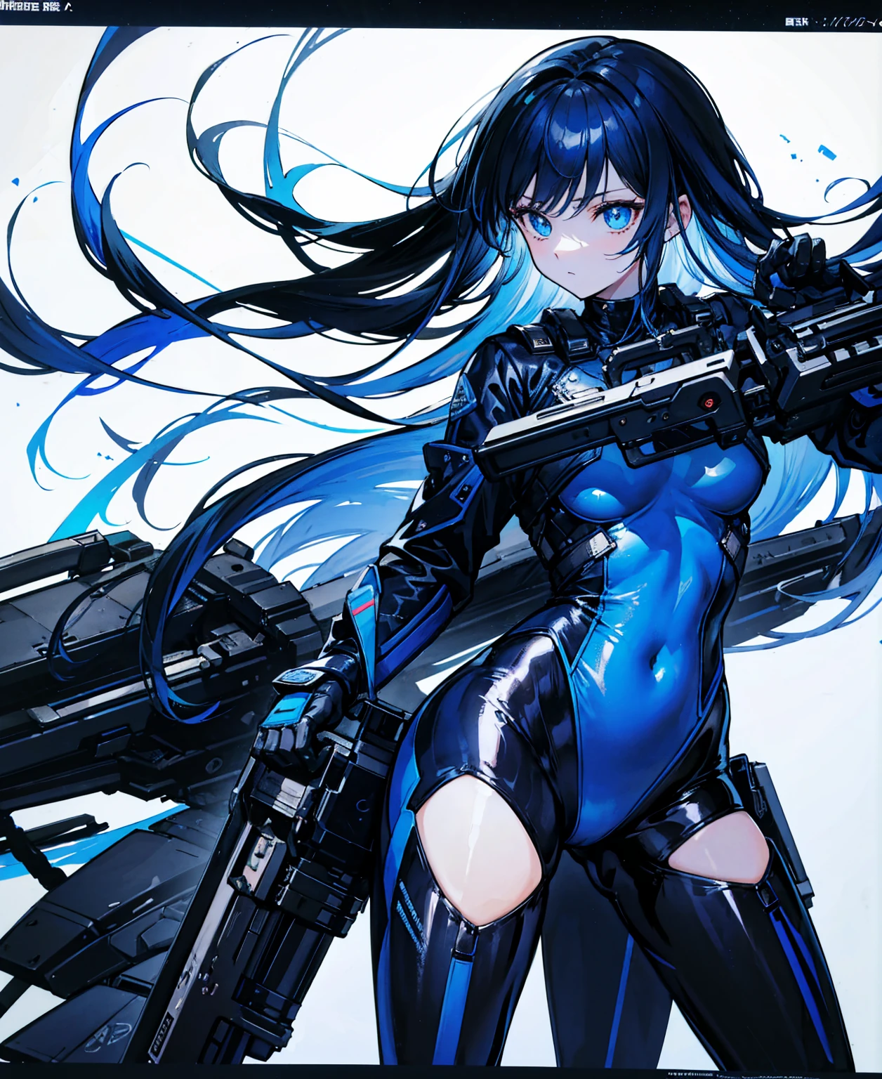 There is no background，girl，Carry a firearm，Patent leather tight suit，Use of firearms，Navy blue long hair，attention arousal，Blue colored eyes,No gradients