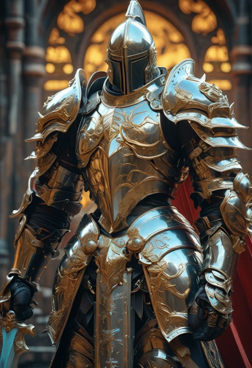 Hero of Another World, Luxurious Armor, (highest quality, masterpiece, Representative works, Official Art, Professional, Super intricate details, 8k)Fantasy Warrior, ASCII Art Design Armor, Intricate Design, Realistic, 8K Ultra Graphics、Final Fantasy Style、knight、cool、battlefield、Background Graphicetal Armor、shield、gold、sword