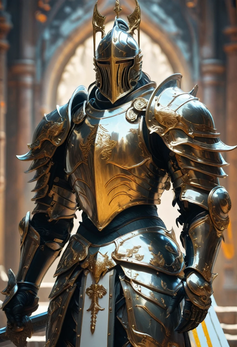 Hero of Another World, Luxurious Armor, (highest quality, masterpiece, Representative works, Official Art, Professional, Super intricate details, 8k)Fantasy Warrior, ASCII Art Design Armor, Intricate Design, Realistic, 8K Ultra Graphics、Final Fantasy Style、knight、cool、battlefield、Background Graphicetal Armor、shield、gold、sword