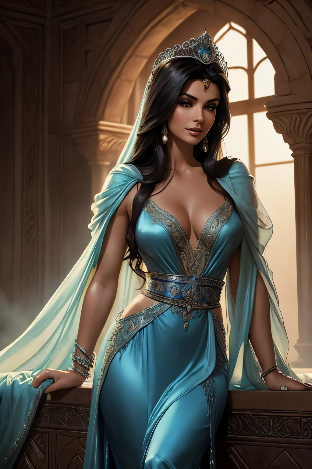 ((realistic:1.5)),((best quality)), ((masterpiece)),((detailed)) A beautiful and sexy muslim princess woman dress in flowing silk, silk clothes, beautiful aquiline face detail, brown eyes, full luscious lips, dark eyeliner and eyeshadow, flirty smile, mischievous glint in her eye, detailed tiny perky cleavage, perfect legs, lithe body, wonderful and innocent energy, adventurous spirit, Lucious dark hair, atmospheric fog, ambient light, rim light, a persian palace, by Frank Frazetta, by Luis Royo, by boris vallejo, (princess jasmine:1.3)