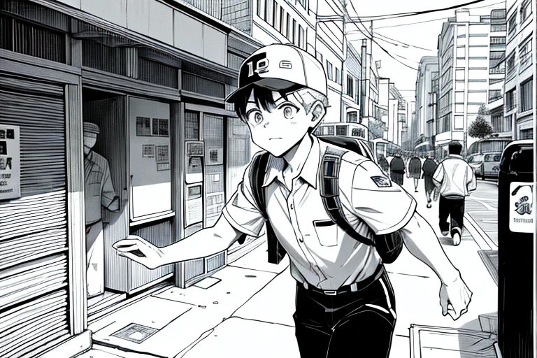 a young man delivering a package, a deliveryman uniform with a collared shirt, backpack, and baseball cap, holding a cardboard box, outdoors, urban environment, dodging pedestrians on a crowded busy street, running, (determined expression), urgency, manga style, manga, black and white