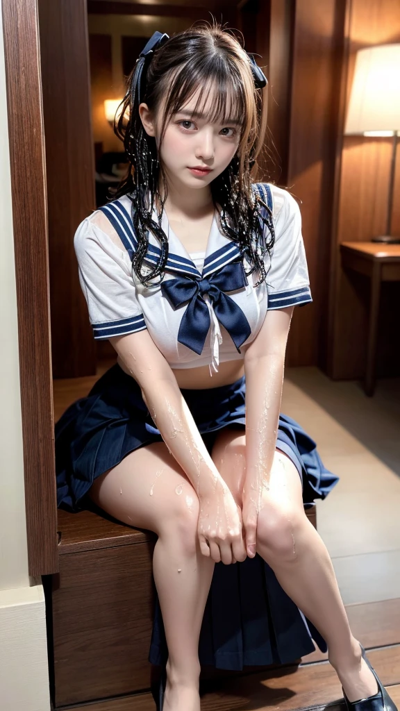 muste piece, best quality, illustration, Super detailed, fine details, High resolution, 8K,wall paper, perfect dynamic composition,(Details High quality, realistic depiction of eyes:1.3), short hair, (wavy hair:1.2), (Black Sailor Uniform, serafuku, Navy pleated skirt), (nup, wet:1.2), huge breasts, black hair color, Big Natural Color Lip, bold sexy pose, crying a little、cold gaze, Harajuku style、20 year old girl、cute type、ta、beautiful legs, hotel room, full body photo、focus on crotch, hposing Gravure Idol