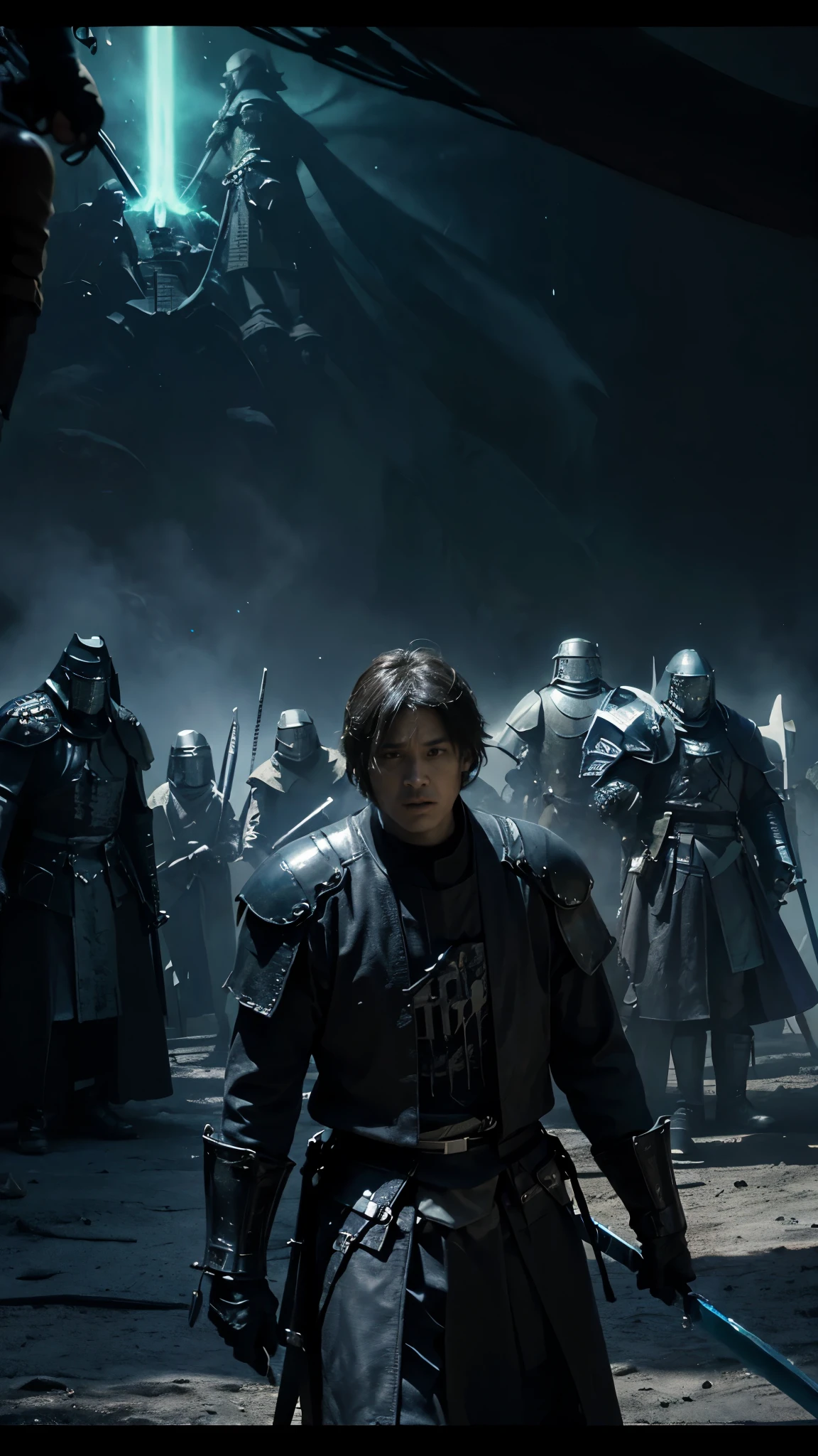 Jedi Knight,Neon-lit scene(Highest quality:1.2)、Cthulhu Bishop in the foreground(Background of deadly battle knights:1.5)、Smoky atmosphere(Surreal and otherworldly:1.3)、Neon-colored bishop's robes(Cthulhu's Tentacles Extending:1.4)、The Bishop's stern and grotesque face(A knight in hooded armour carrying an ominous weapon:1.6)、A dark and ominous background contrasting with bright neon lights、(Detailed Texture:1.1)、