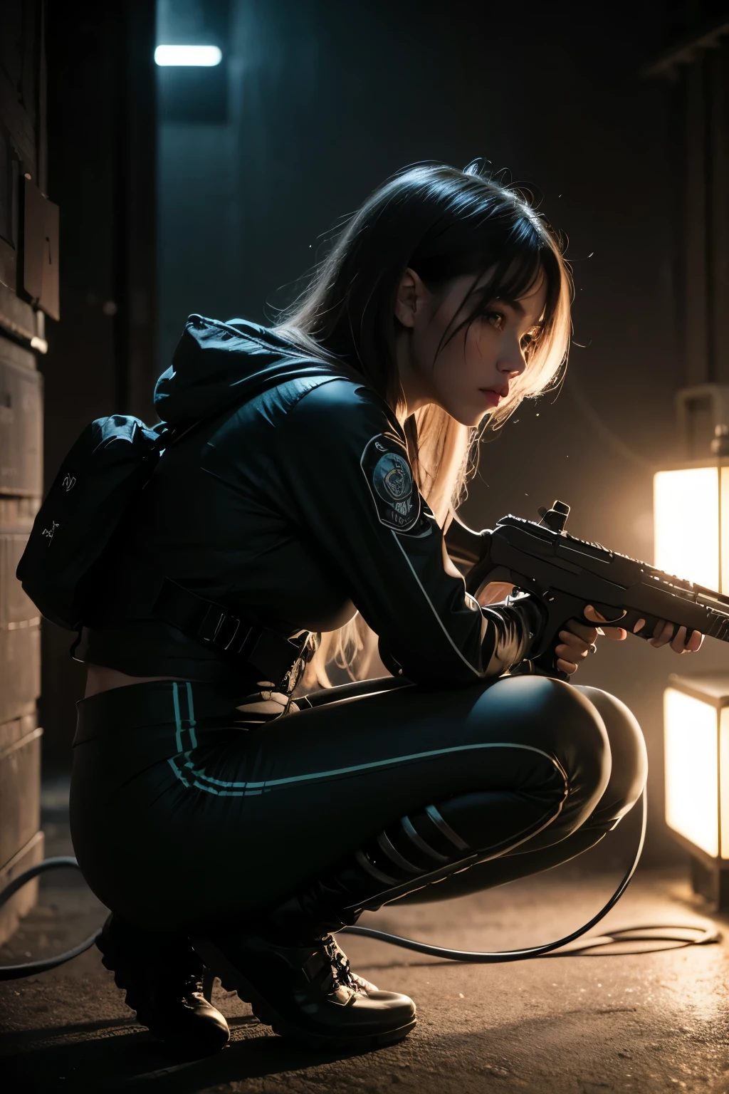 (grainy:0.5), cinematic,girl, space, serious, detailed eyes, detailed face, detailed futuristic clothes, lights in clothes, (aiming gun:1.1), (hiding:1.1), (squatting, looking to side:1.1), volumetric lighting, isolation, horror, dark lighting, red bioluminescent details, green bioluminescent details, blue bioluminescent details