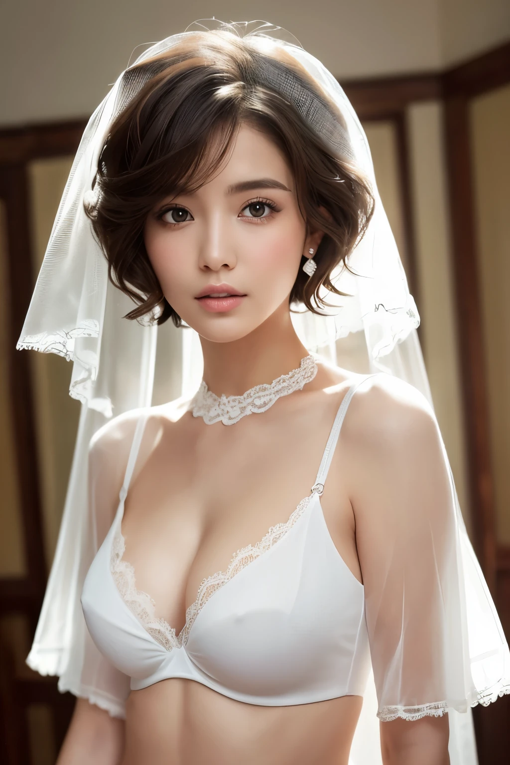 (masterpiece, Realistic, Ultra-high resolution, high quality:1.2),25-year-old woman, (young),(No makeup), (White Sheer Blouse:1.3),Fluffy braウス、Fluffy braウス、The blouse has no buttons、Oversized breasts、Best Breastaximum 、Fluffy bra、Sheer frilly bra、Black Hair, short hair、Hair curled outwards、Hair curls outward、Small curly hair、Wedding Veil、Portraiture, (whole body) , old photograph, 80'style , Dynamic pose, studio, (seikomatsuda:1.2)